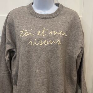 Gray Crew Neck Sweater with Embroidered Text